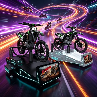 Machine de jeu de moto VR commerciale robuste avec plateforme de mouvement dynamique pour parcs à thème